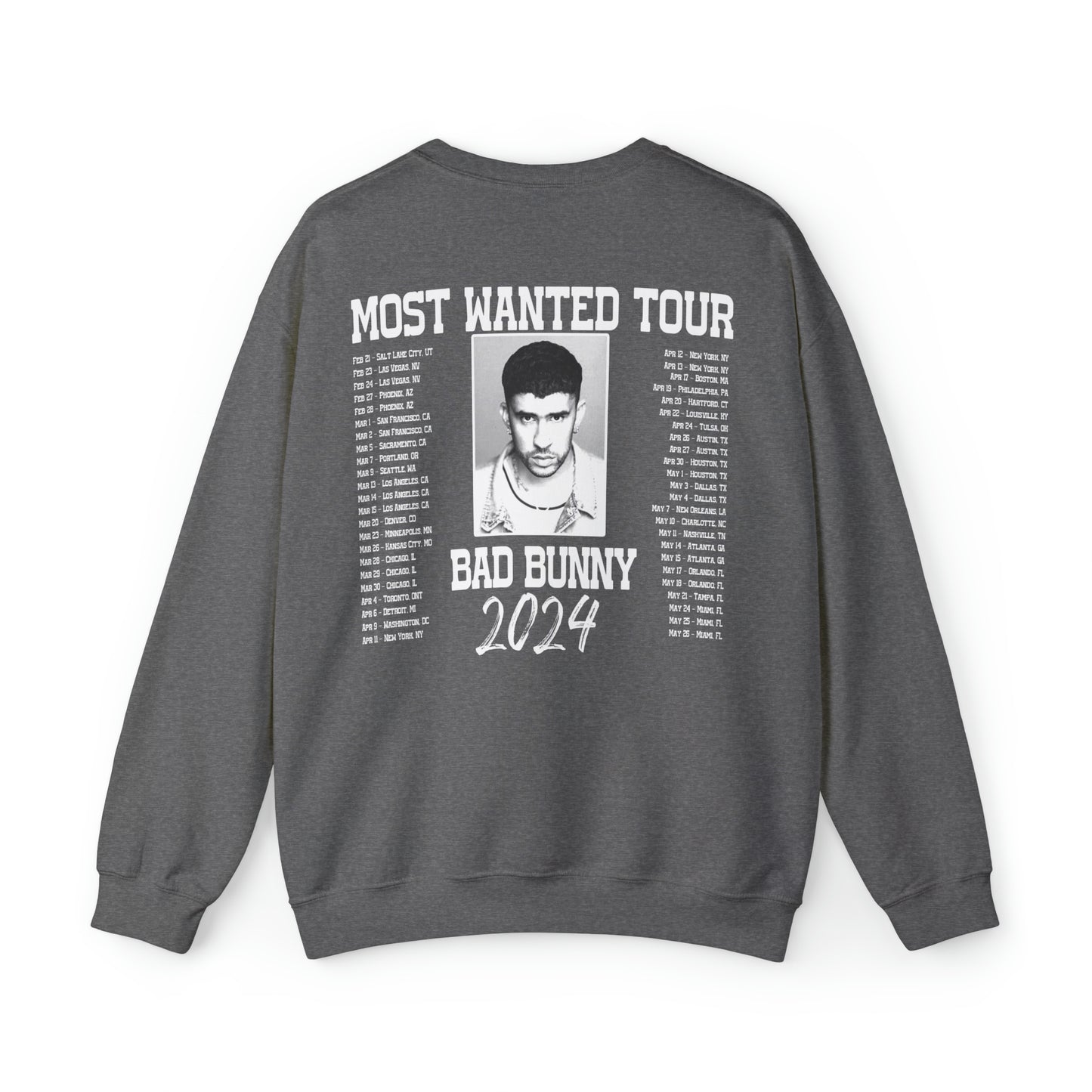 Most Wanted Tour Dates 2024 (Bad Bunny) Unisex Crewneck Sweatshirt