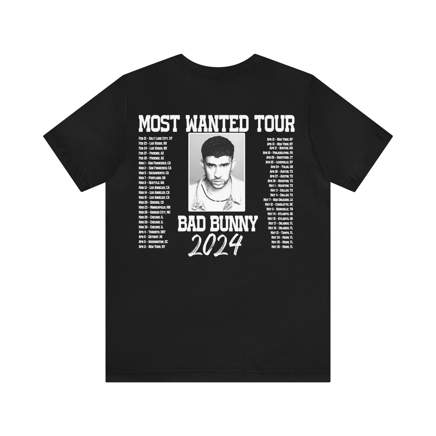 Most Wanted Tour Dates 2024 (Bad Bunny) Unisex Jersey Short Sleeve Tee