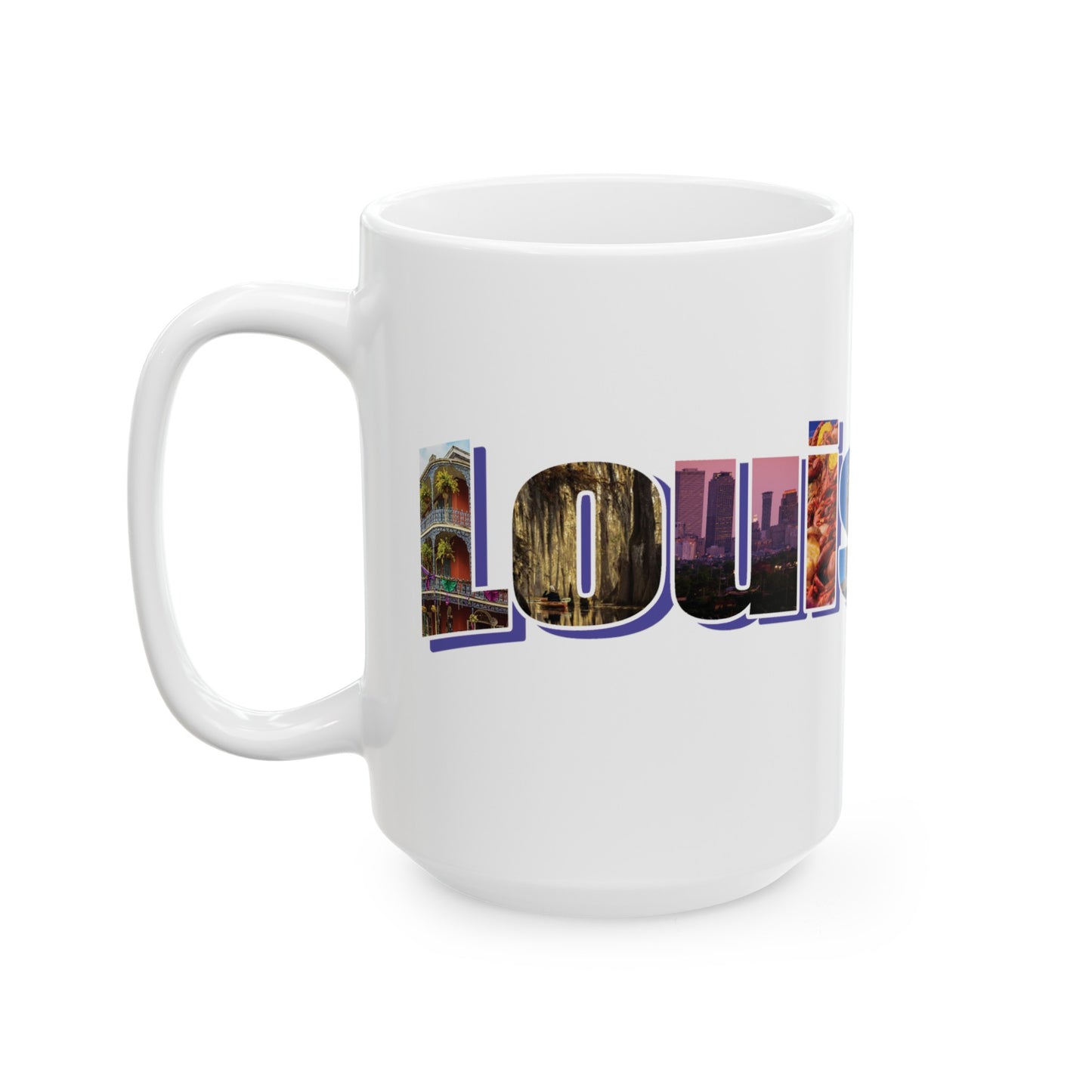 Louisiana State Collage Ceramic Mug, (11oz, 15oz) city landscape new orleans gift idea mug cup pride