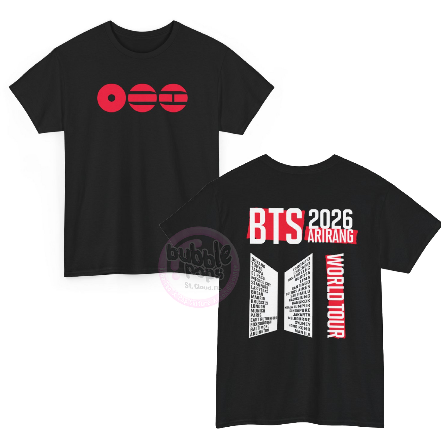 BTS TOUR SHIRT USA FREE SHIPPING DOUBLE SIDED TOUR DATES 2025 ARIRANG
