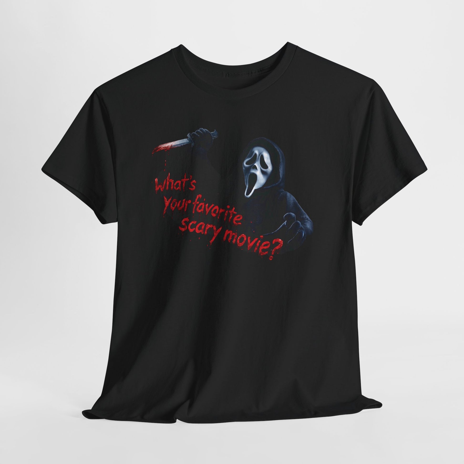 Scream 7 Movie Quote Tee — "What's Your Favorite Scary Movie?" Horror Graphic T-Shirt FREE SHIPPING USA SLASHER MOVIE 